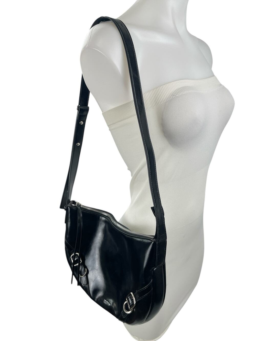 La Festin Black Leather Buckle Shoulder Crossbody Hobo Crescent Purse Handbag OS
